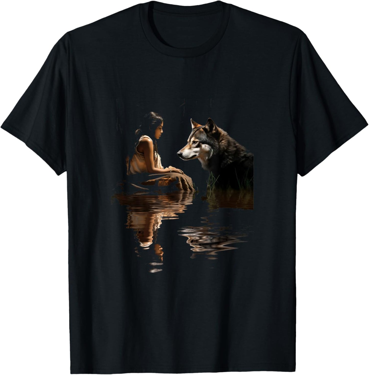 Native American Woman Girl and Wolf In The Lake Indian T-Shirt - T-Shirt | Black