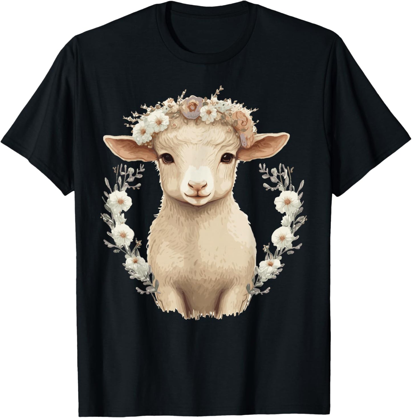 Cute Lamb Flower Crown Sheep Baby Floral Farm Animal Pet T-Shirt - T-Shirt | Black