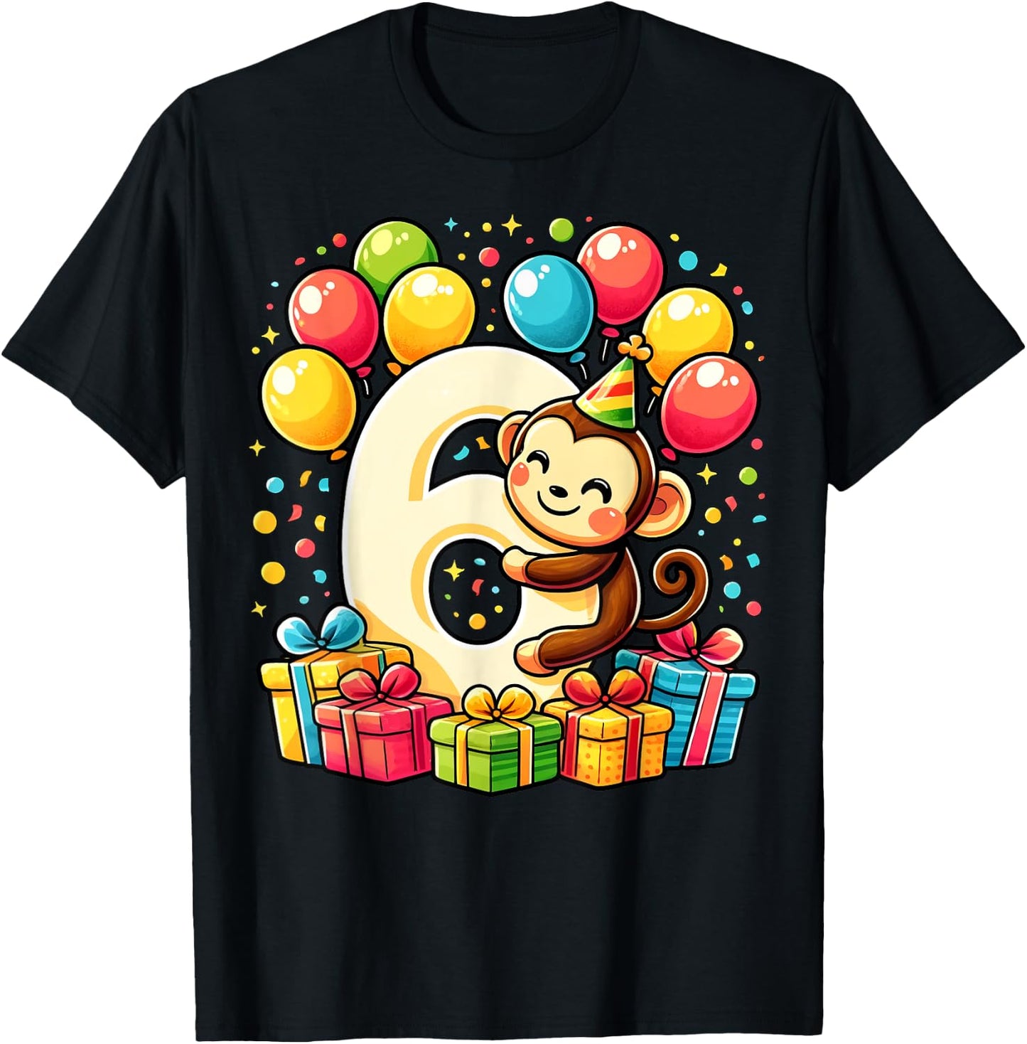 Bday sixth Boys, Girls, Kids age six 6th birthday Monkey T-Shirt - T-Shirt | Black