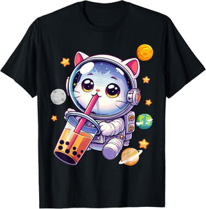 Space Cat Astronaut Boba Tea Boba Cat Galaxy Cute Anime Women Kids T-Shirt - T-Shirt | Black
