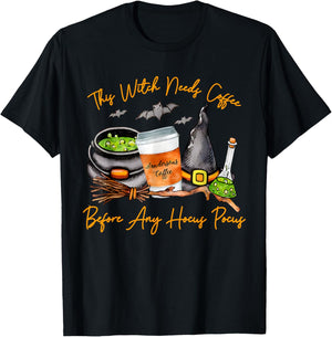 This Witch Needs Coffee Before Any Hocus Pocus Halloween T-Shirt - T-Shirt | Black