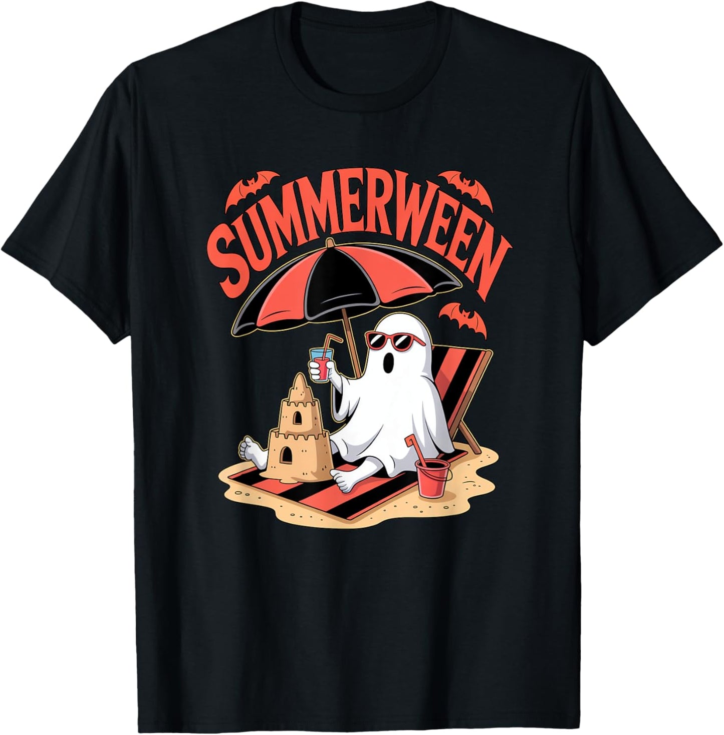 Ghost Summerween Sandcastle Beach Halloween Summer Scary Fun T-Shirt - T-Shirt | Black