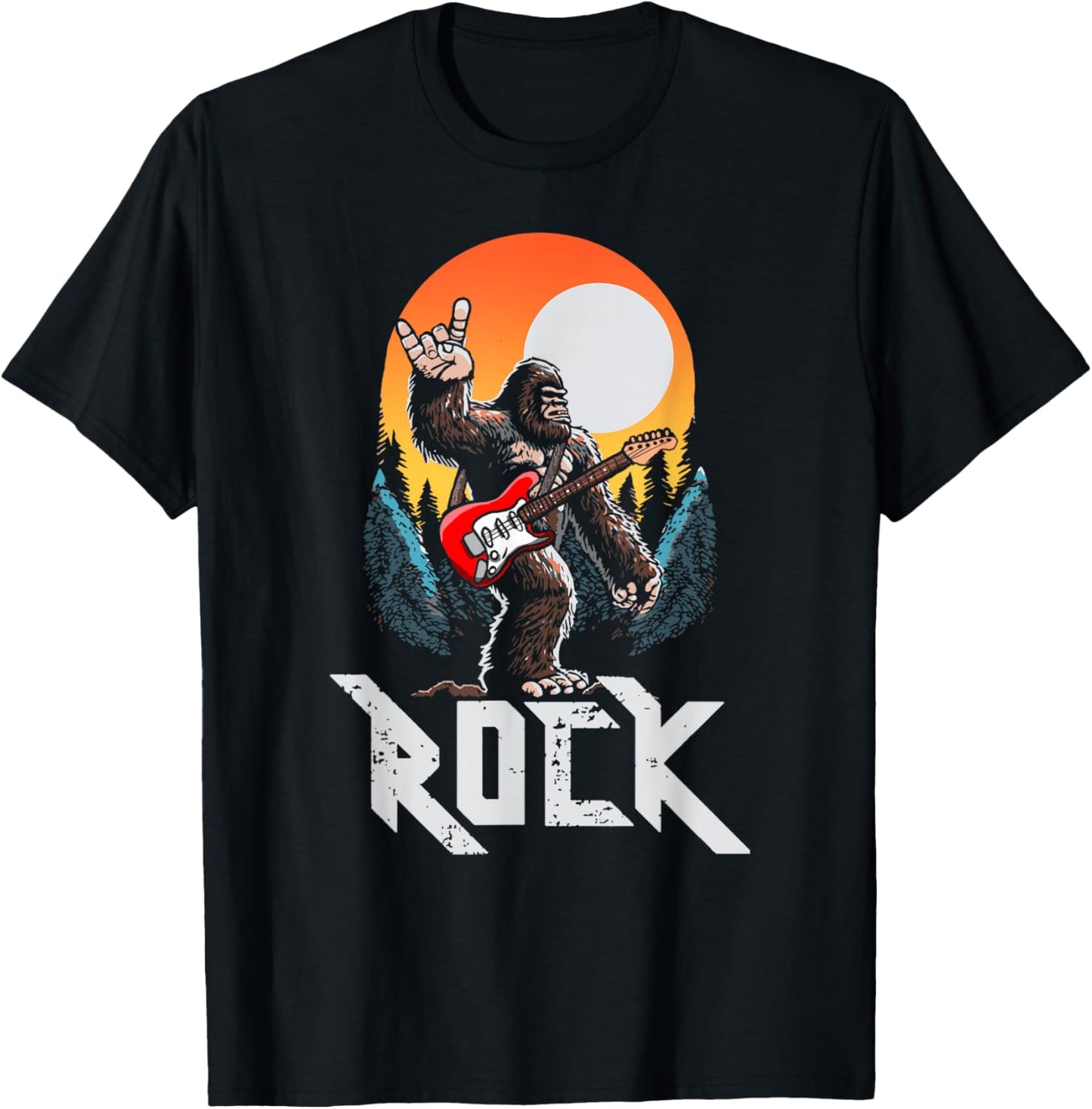 Rock! Sasquatch Rock & Roll Bigfoot Electric Guitar Rock On T-Shirt - T-Shirt | Black