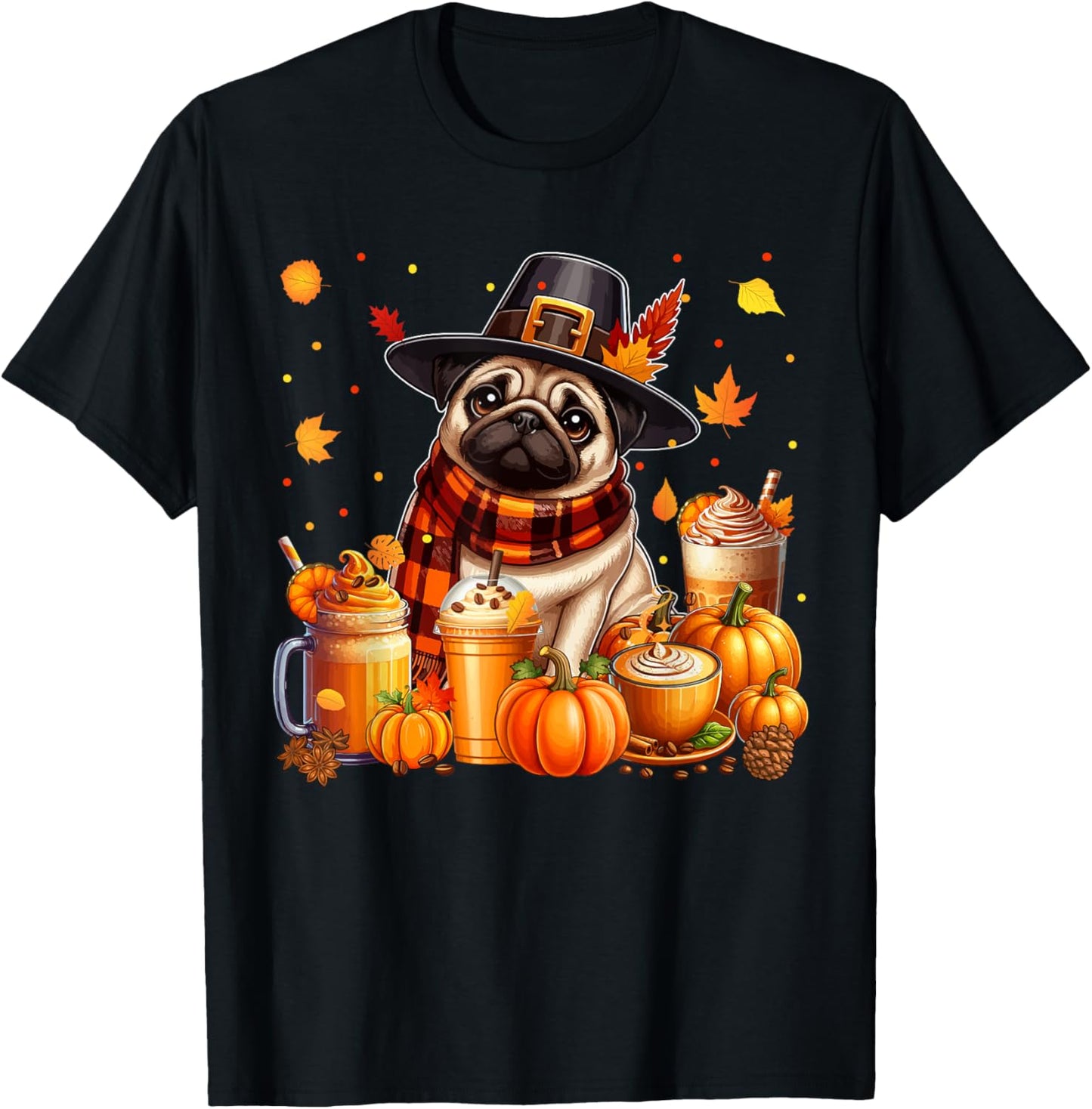 Pug Thanksgiving Drinks Coffee Fall Leaves Pumpkins T-Shirt - T-Shirt | Black