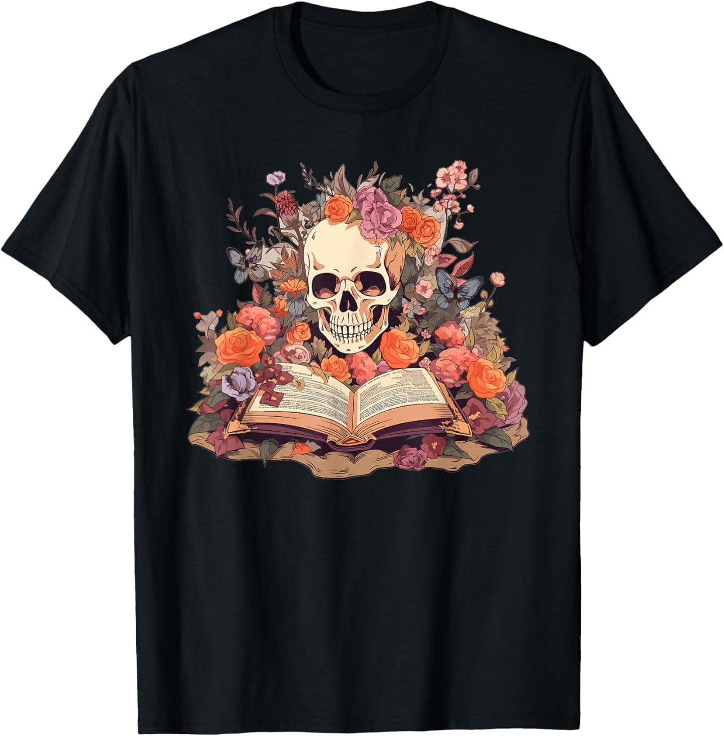 Book Reading Skull Skeleton Flowers Floral Bookish Butterfly T-Shirt - T-Shirt | Black
