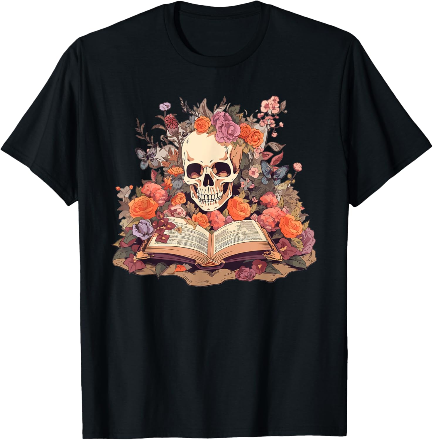 Book Reading Skull Skeleton Flowers Floral Bookish Butterfly T-Shirt - T-Shirt | Black
