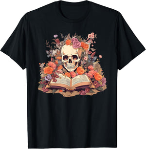 Book Reading Skull Skeleton Flowers Floral Bookish Butterfly T-Shirt - T-Shirt | Black