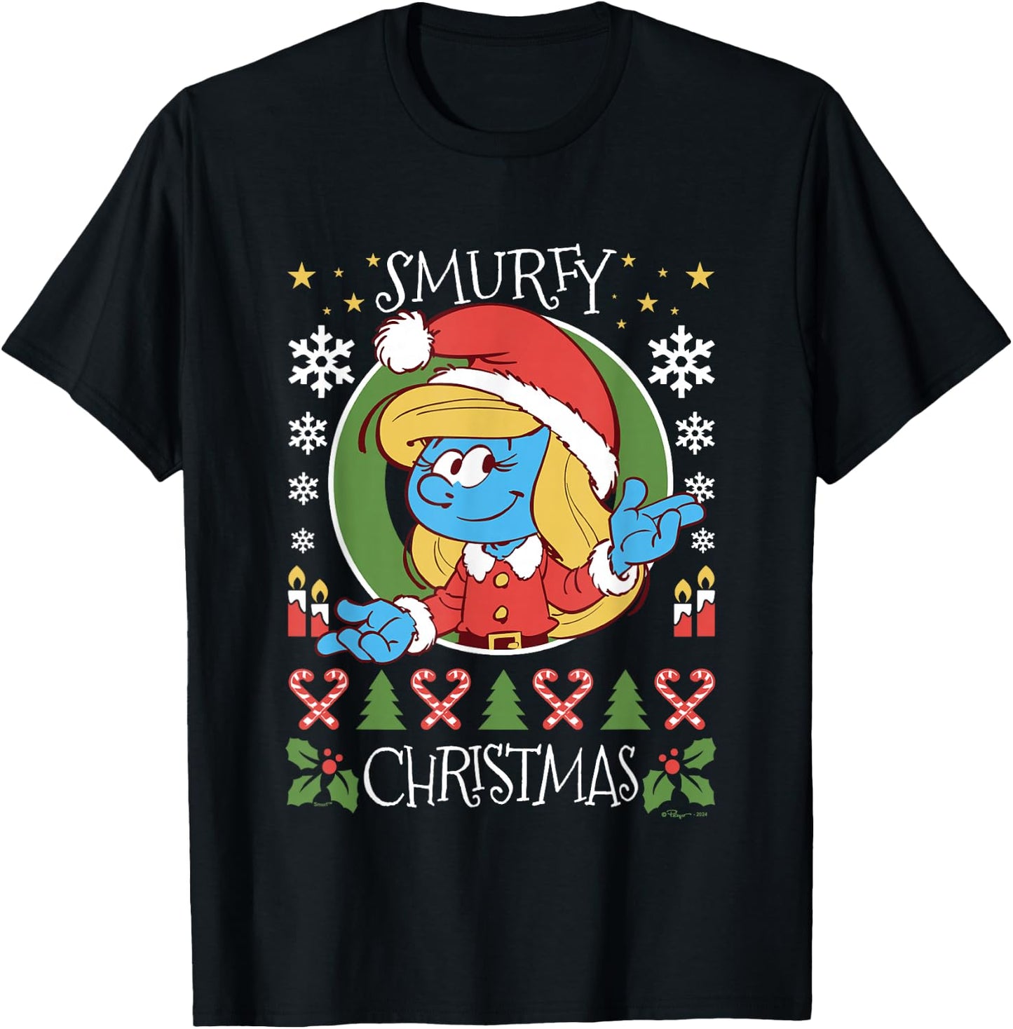 The Smurfs Christmas Smurfy Christmas Smurfette Chest Logo T-Shirt - T-Shirt | Black
