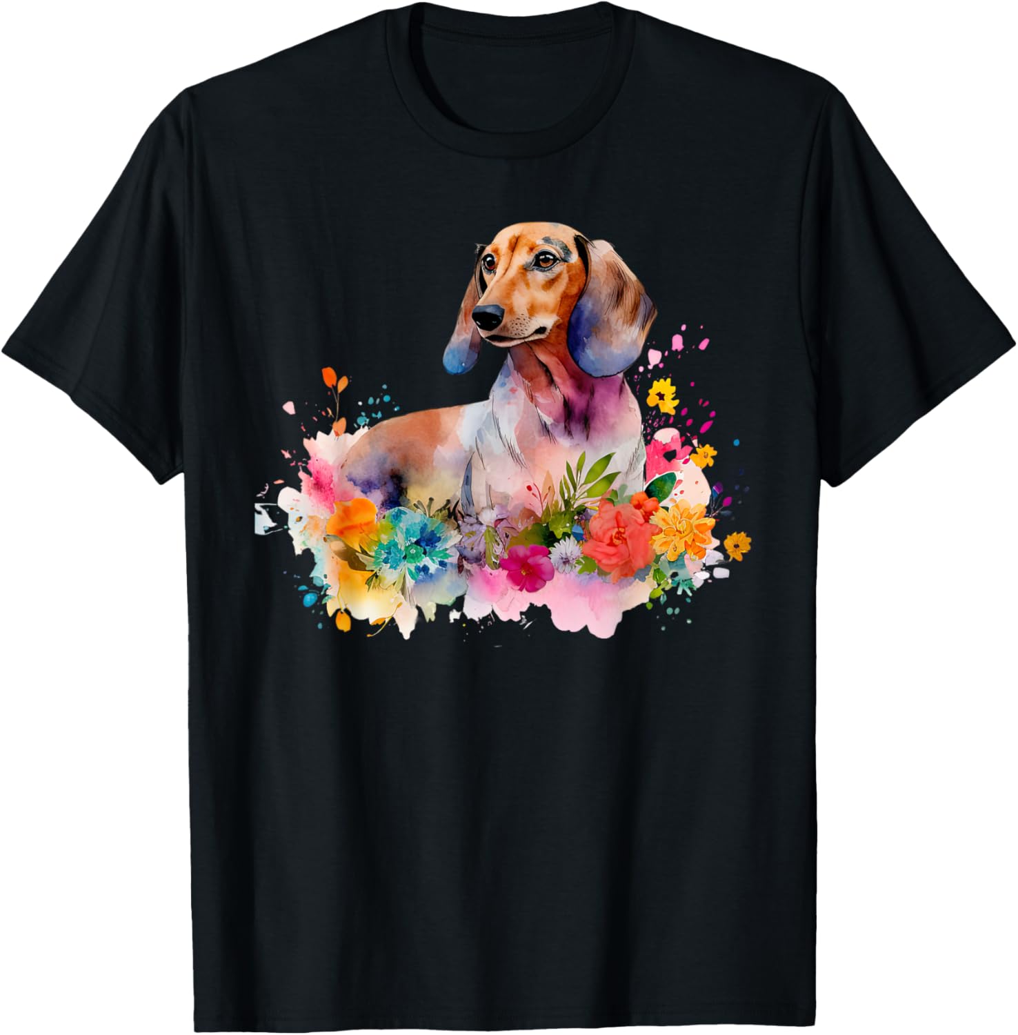 Dachshund Watercolor art Dog Dog breed woman kids floral T-Shirt - T-Shirt | Black