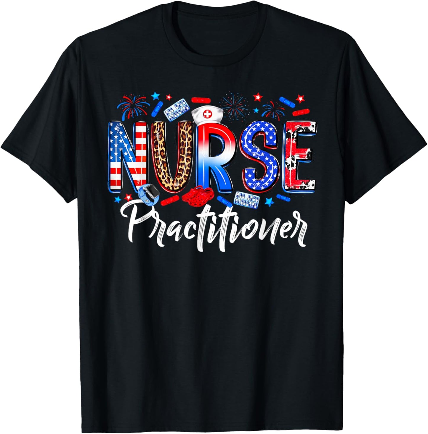 Happy 4th Of July Nurse Practitioner American Flag Women Men T-Shirt - T-Shirt | Black