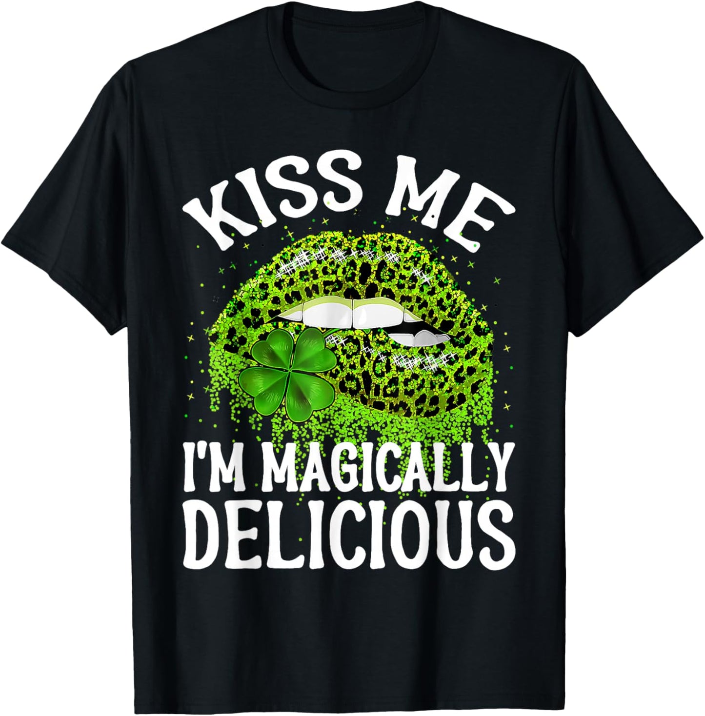 Kiss Me I'm Magically Delicious St Patrick's Day Lip Leopard T-Shirt - T-Shirt | Black