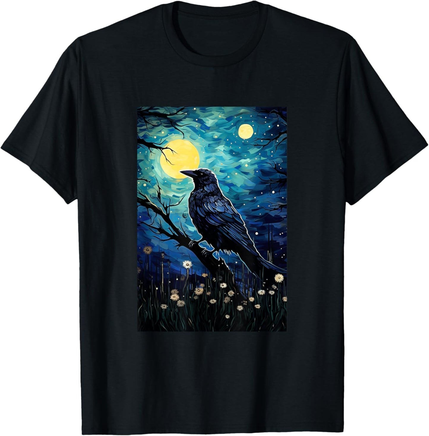 Magpie Crow Raven Bird - Van Gogh Style - Starry Night T-Shirt - T-Shirt | Black