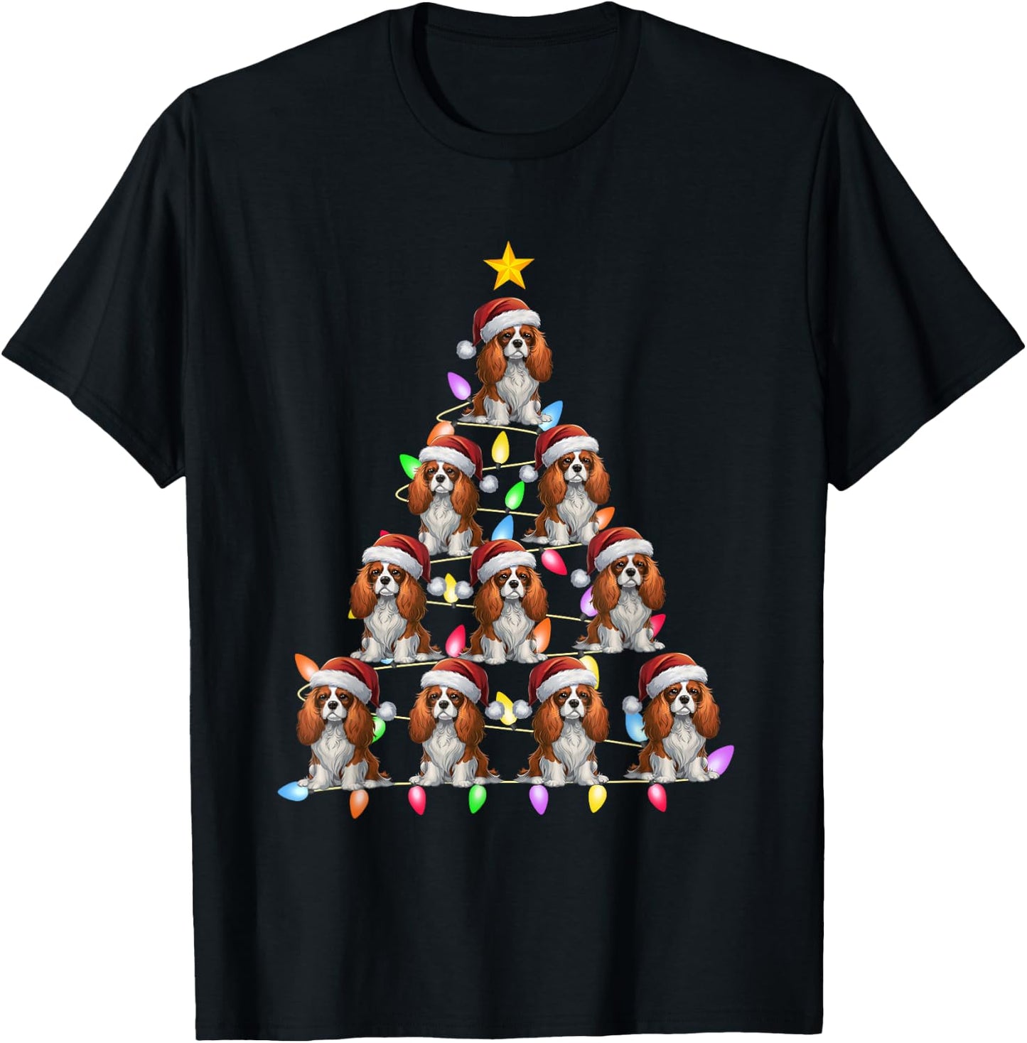Christmas Tree Light Santa Cavalier King Charles Spaniel Dog Men Women Kids T-Shirt - T-Shirt | Black