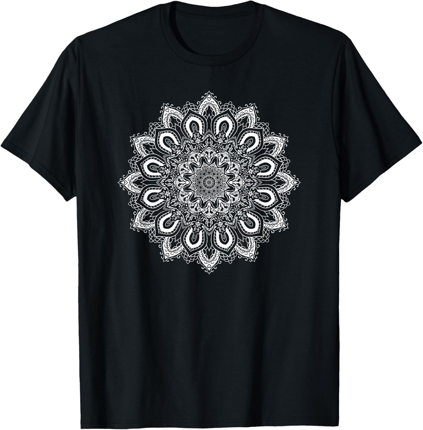 White Ornate Lotus Flower Yoga Mandala T-Shirt - T-Shirt | Black
