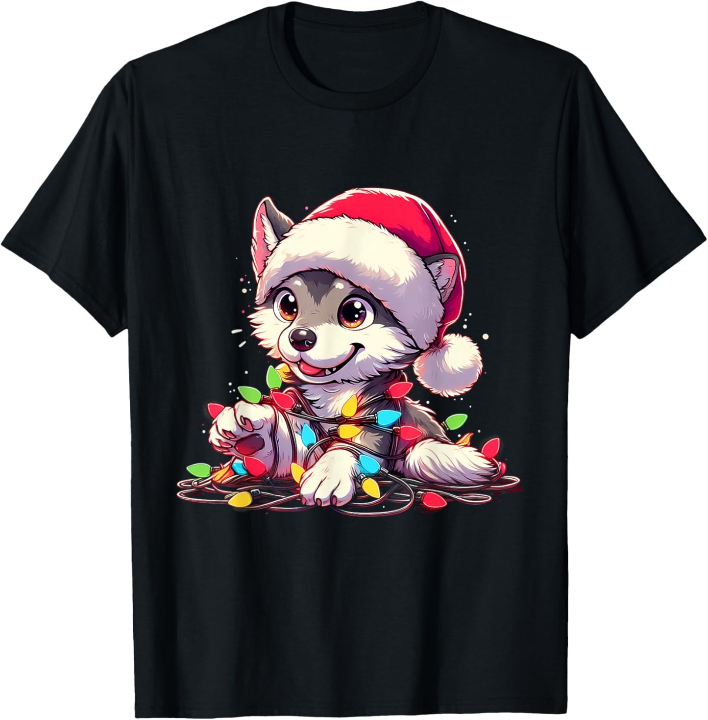 Merry Wolfmas Christmas Lights Cute Wolf Santa Hat T-Shirt - T-Shirt | Black
