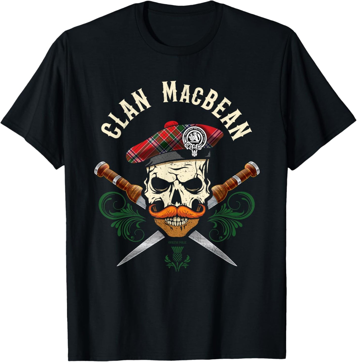 Scottish Clan MacBean Surname Skull Dirks Tartan Badge T-Shirt - T-Shirt | Black
