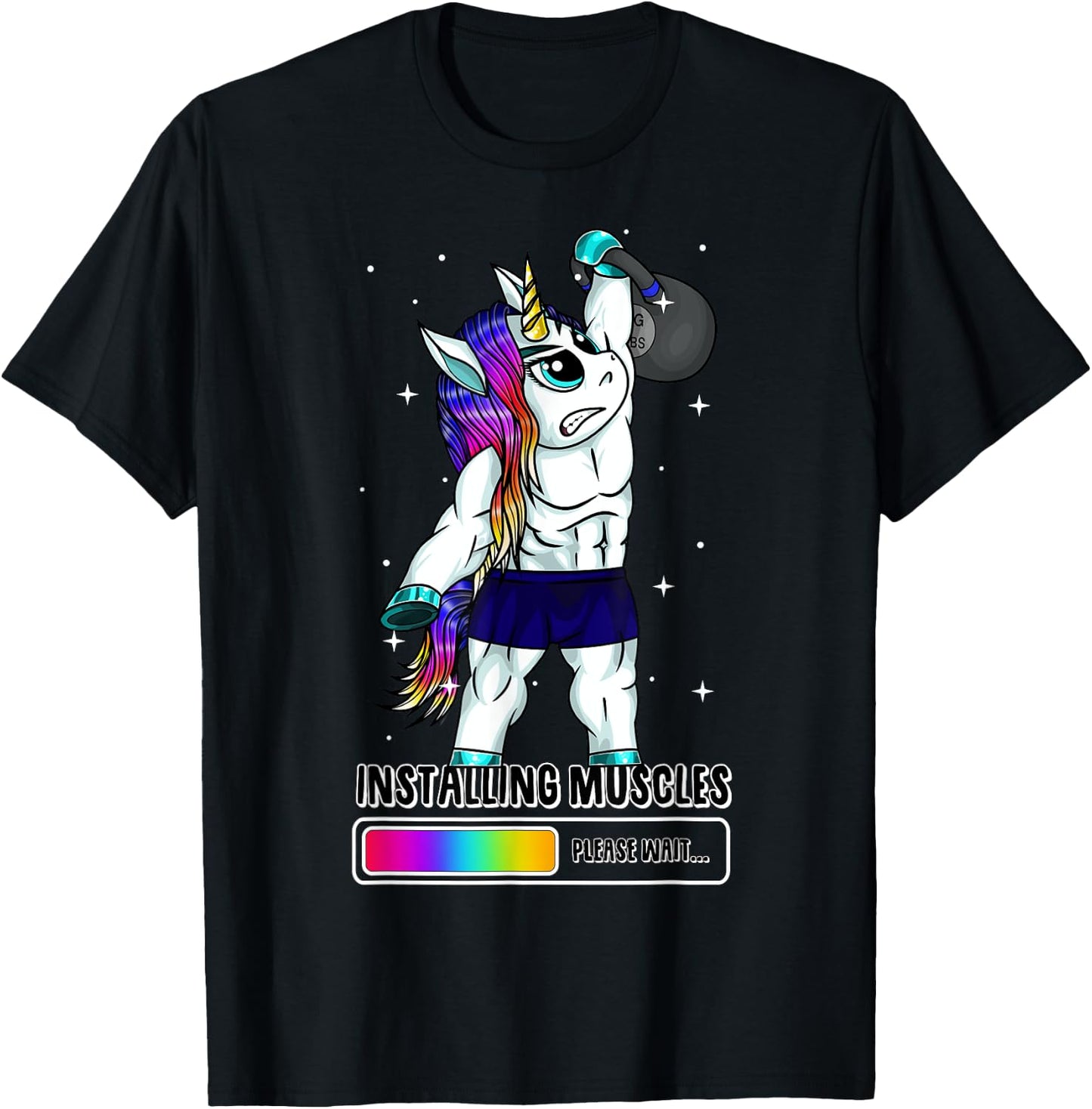 Unicorn Installing Muscles Kettlebell Fun Gym Workout Gift T-Shirt - T-Shirt | Black