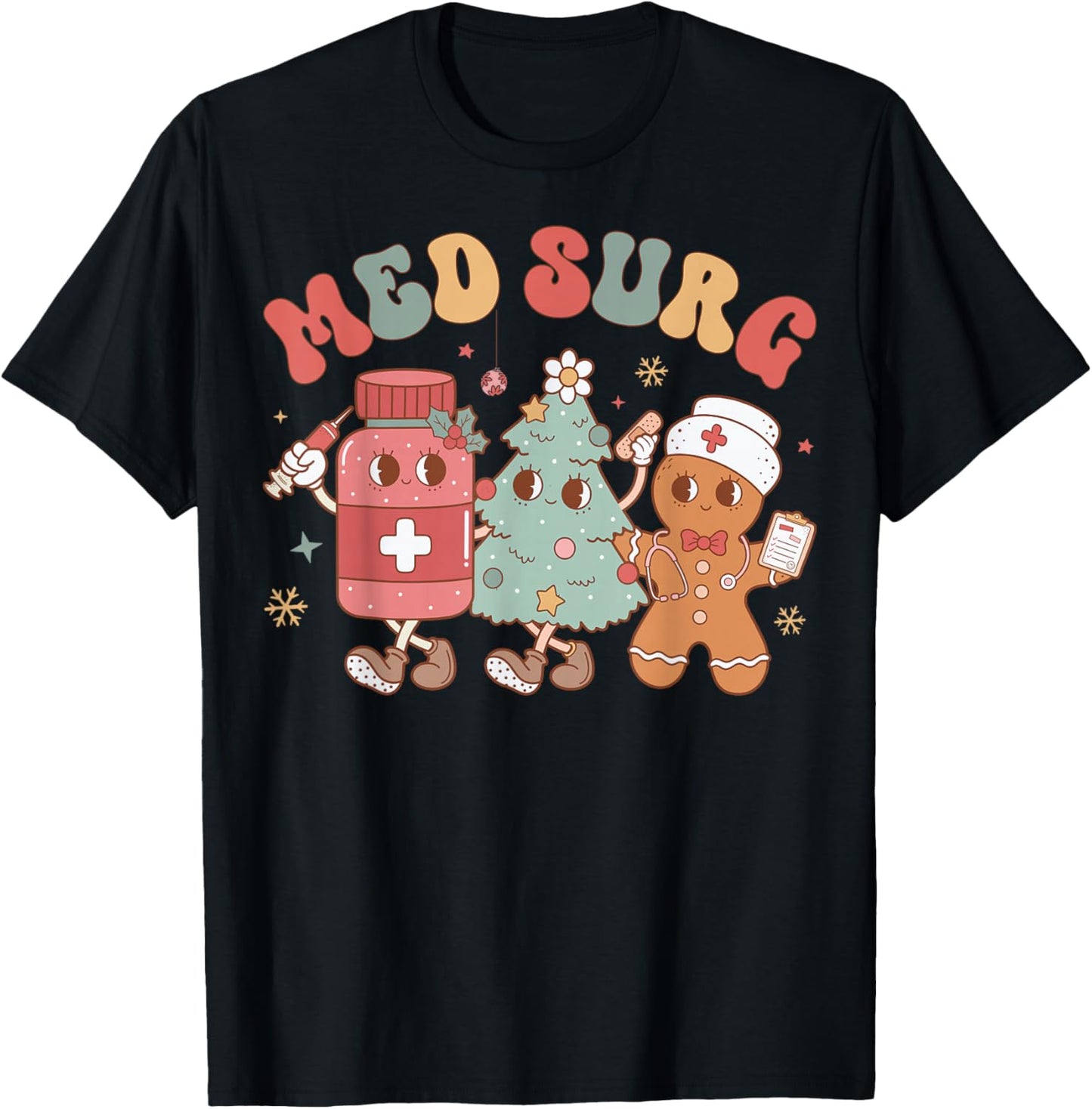 Med Surg Crew Christmas Tree Gingerbread Nurse T-Shirt - T-Shirt | Black