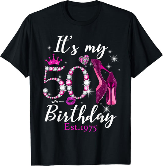 Women's It's My 50th Birthday EST 1975 50 Years Old Diamond T-Shirt - T-Shirt | Black