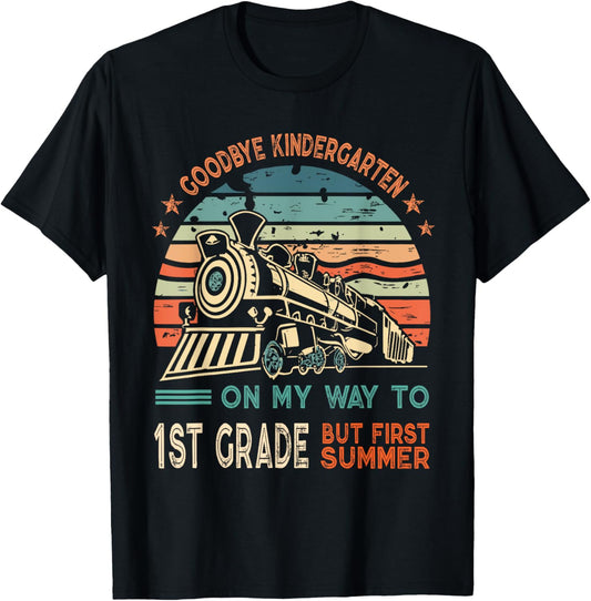 Goodbye Kindergarten To 1st Grade Summer Kids Vintage Train T-Shirt - T-Shirt | Black