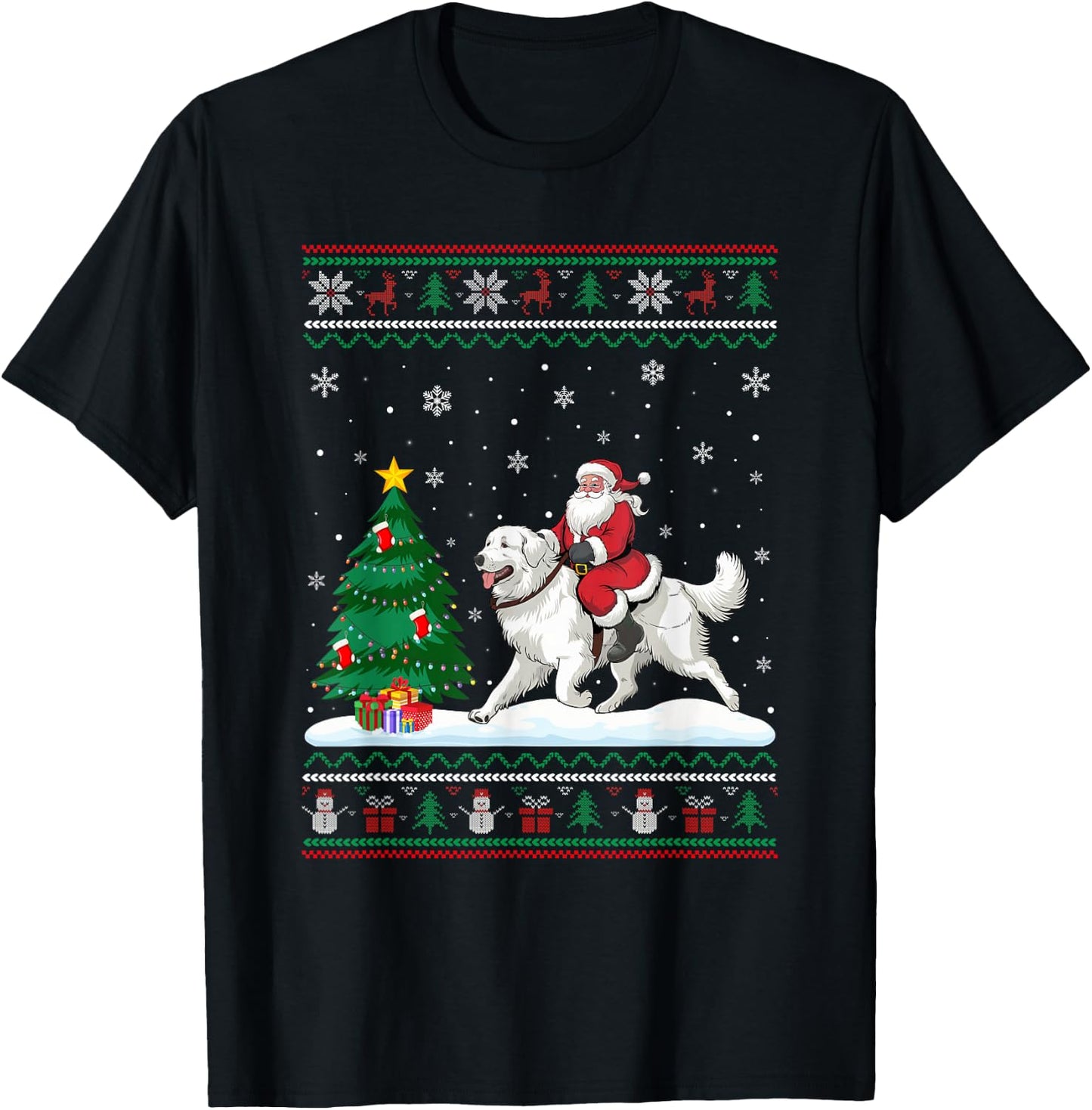Ugly Christmas Tree Lights Santa Riding Great Pyrenees Dog T-Shirt - T-Shirt | Black