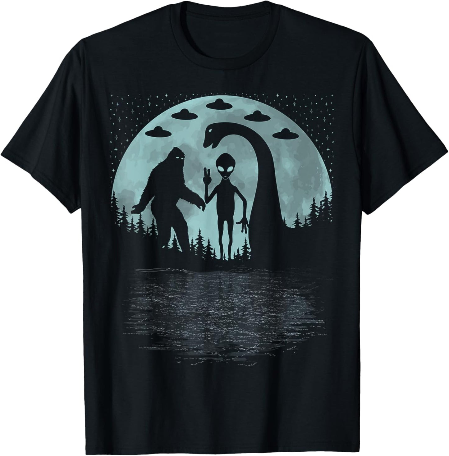 Bigfoot Loch Ness Monster Sasquatch Ufo Nessie And Aliens T-Shirt - T-Shirt | Black