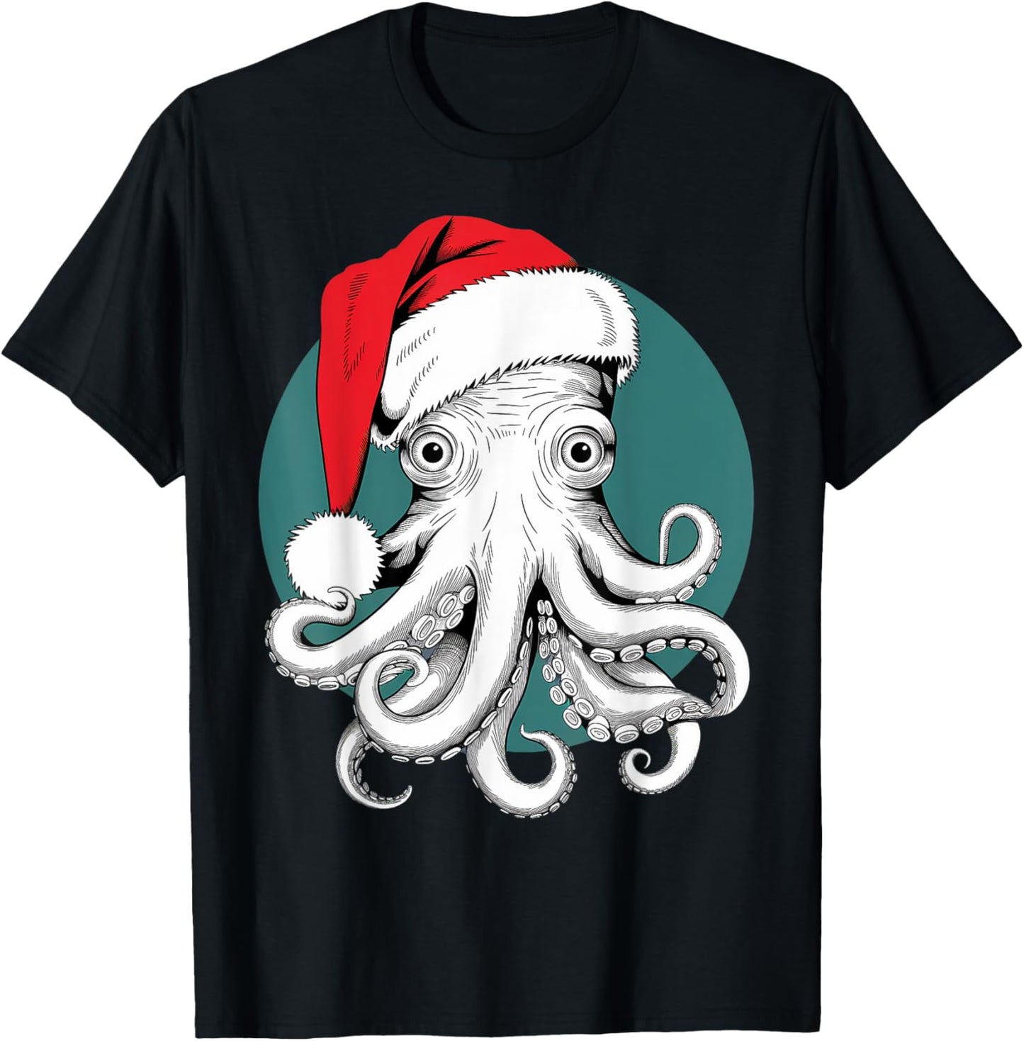 Joyful Octopus Santa on Octopus Christmas T-Shirt - T-Shirt | Black