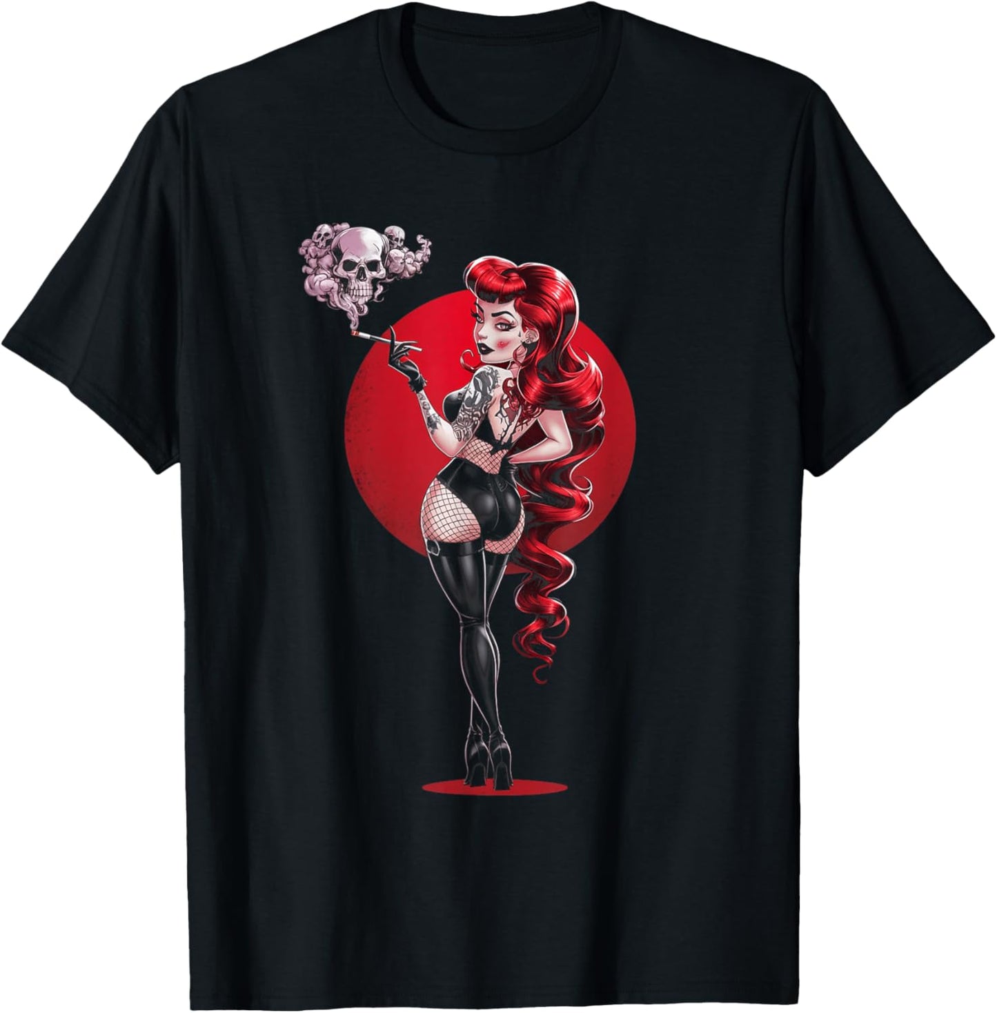 Sexy Horror Pinup Goth Girl mit Totenkopf Psychobilly Punk Art T-Shirt - T-Shirt | Black