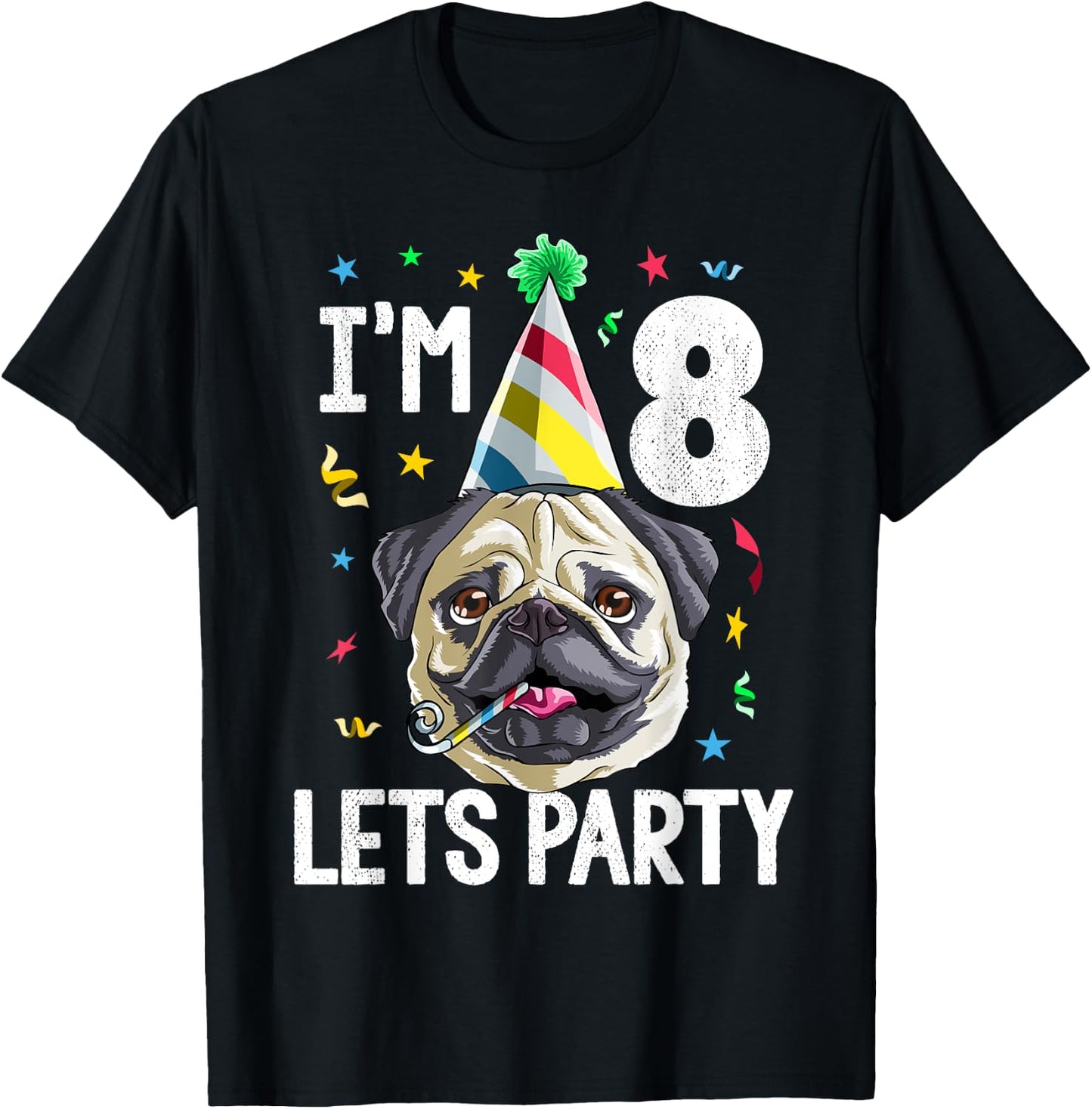 Pug Birthday 8th T Shirt Dog Kids Boys Girls Gift Party T-Shirt - T-Shirt | Black