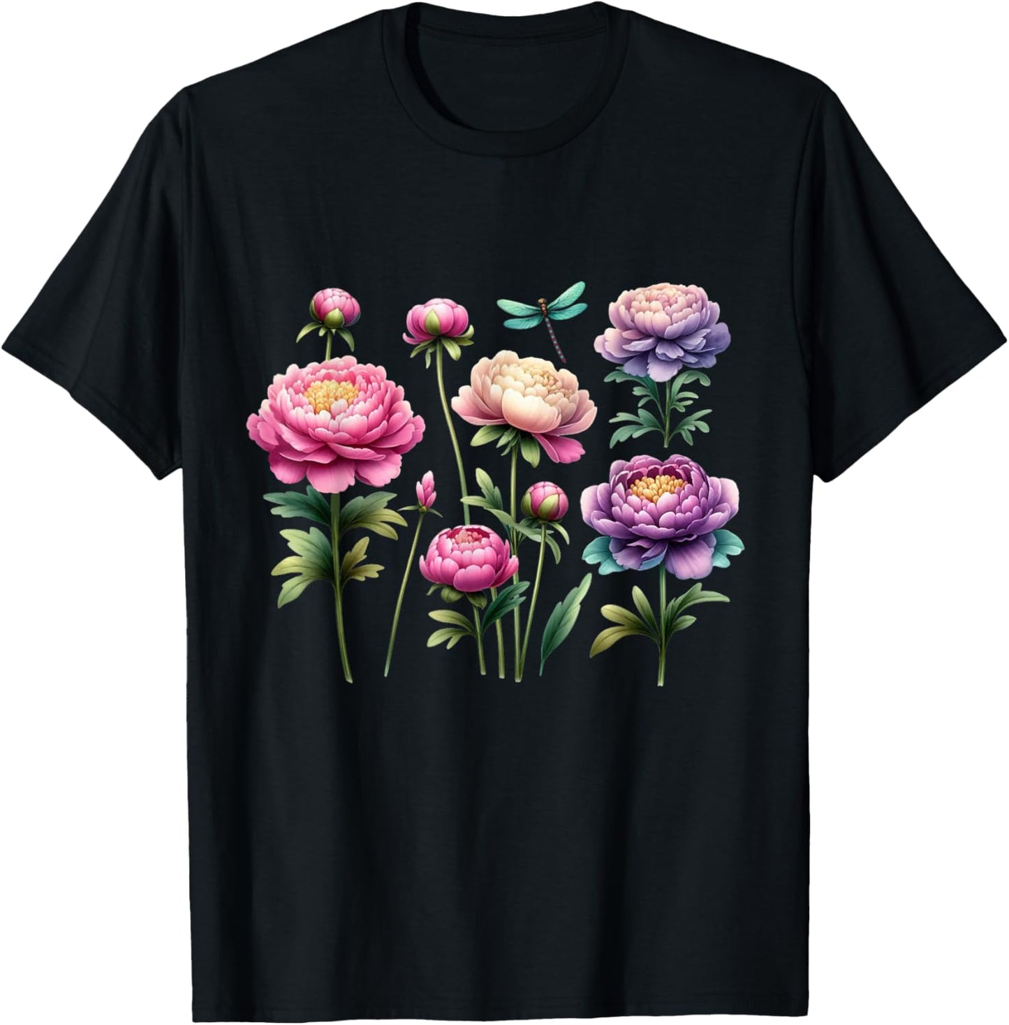 Beautiful Peonies Flowers Blossom Dragonfly Nature Gardener T-Shirt - T-Shirt | Black