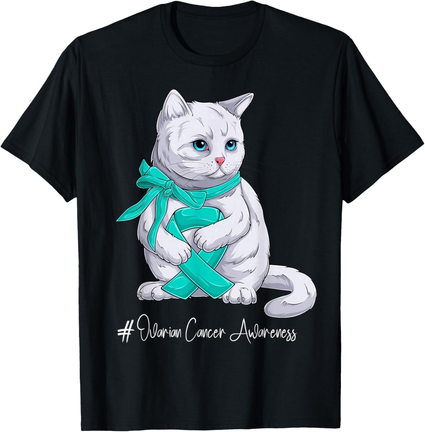 Ovarian Cancer Awareness Month Teal Ribbon Cat T-Shirt - T-Shirt | Black