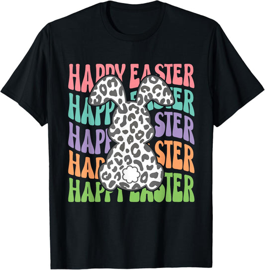Retro Groovy Happy Easter Bunny Leopard Rabbit Girls T-Shirt - T-Shirt | Black