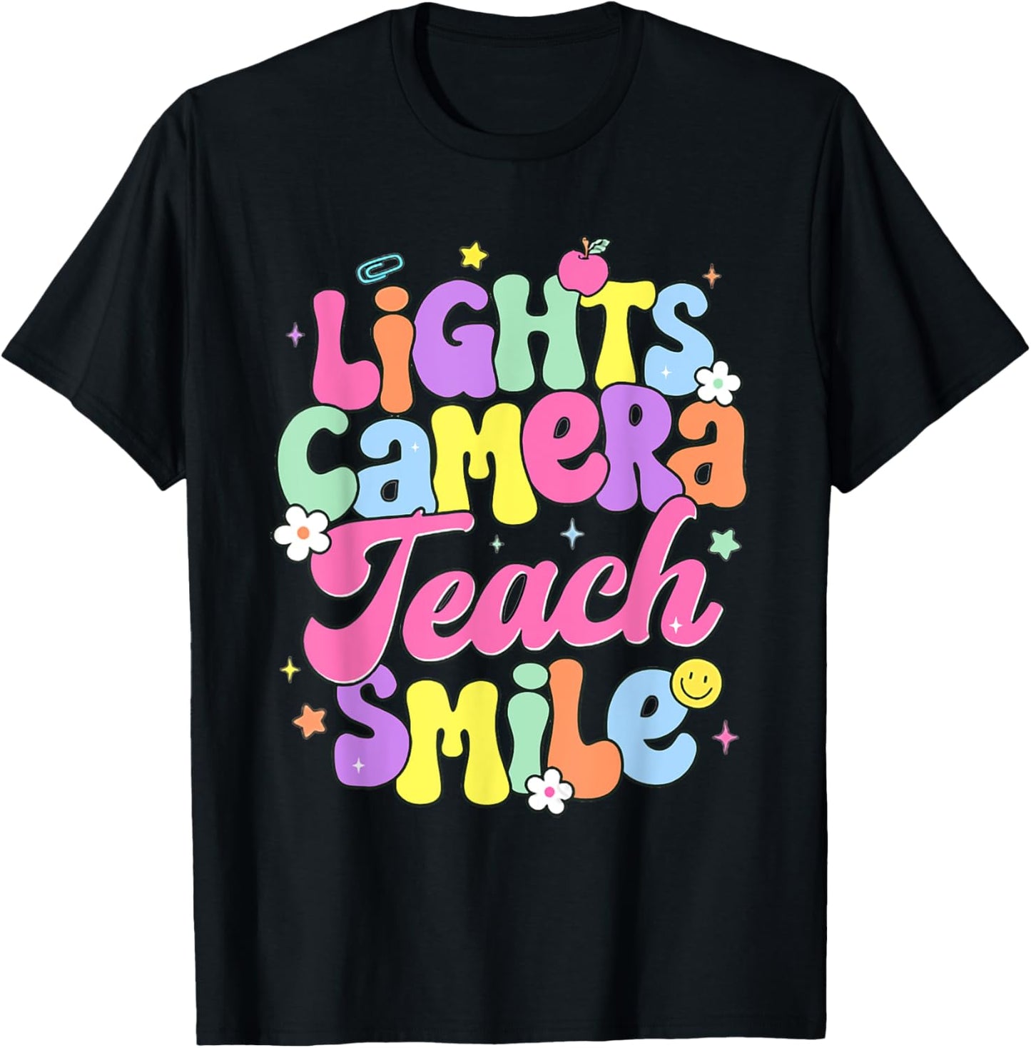 Retro Lights Camera Teach Smile Back To School Teacher Women T-Shirt - T-Shirt | Black