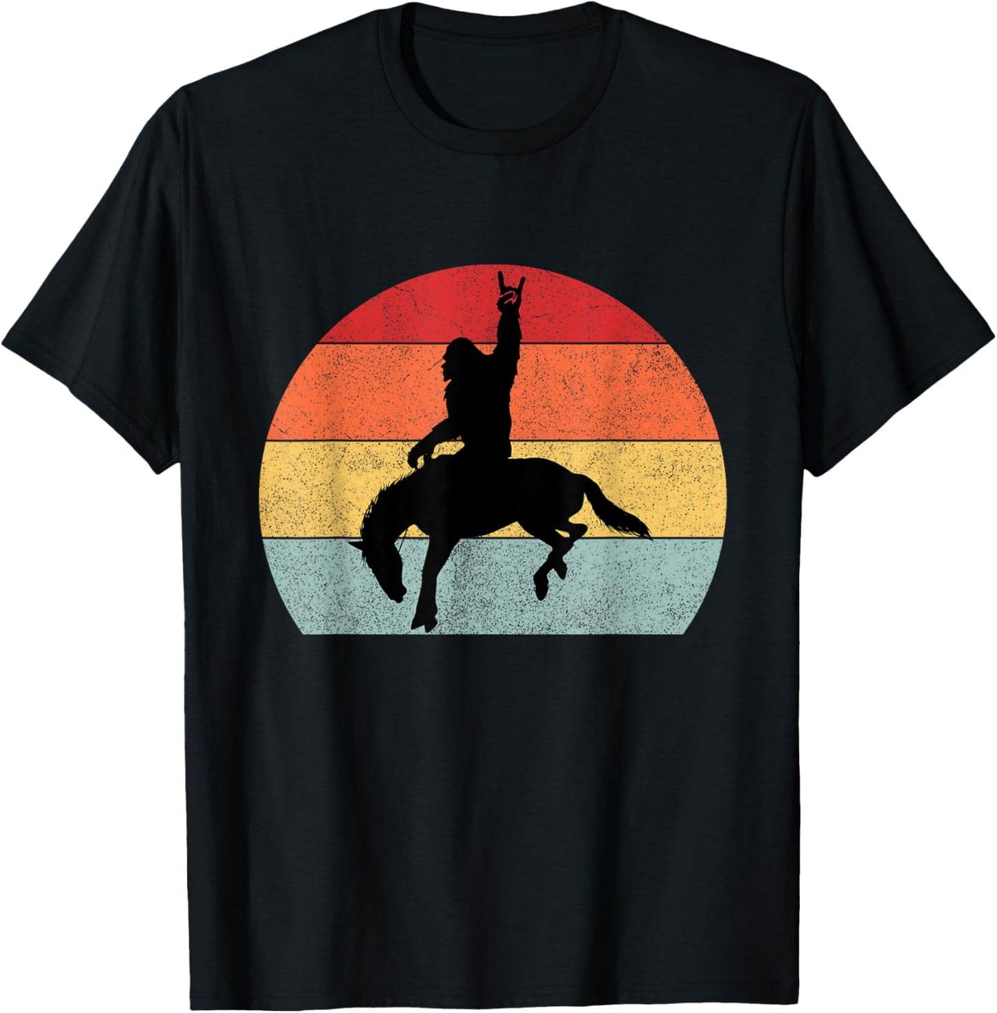 Bigfoot Riding a Horse Rodeo Retro Sunset Funny T-Shirt - T-Shirt | Black