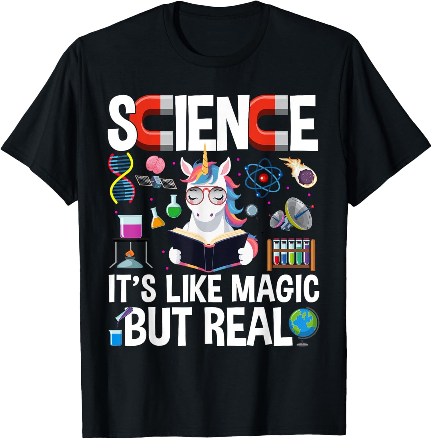 Funny Science Is Like Magic But Real Unicorn Funny Science T-Shirt - T-Shirt | Black
