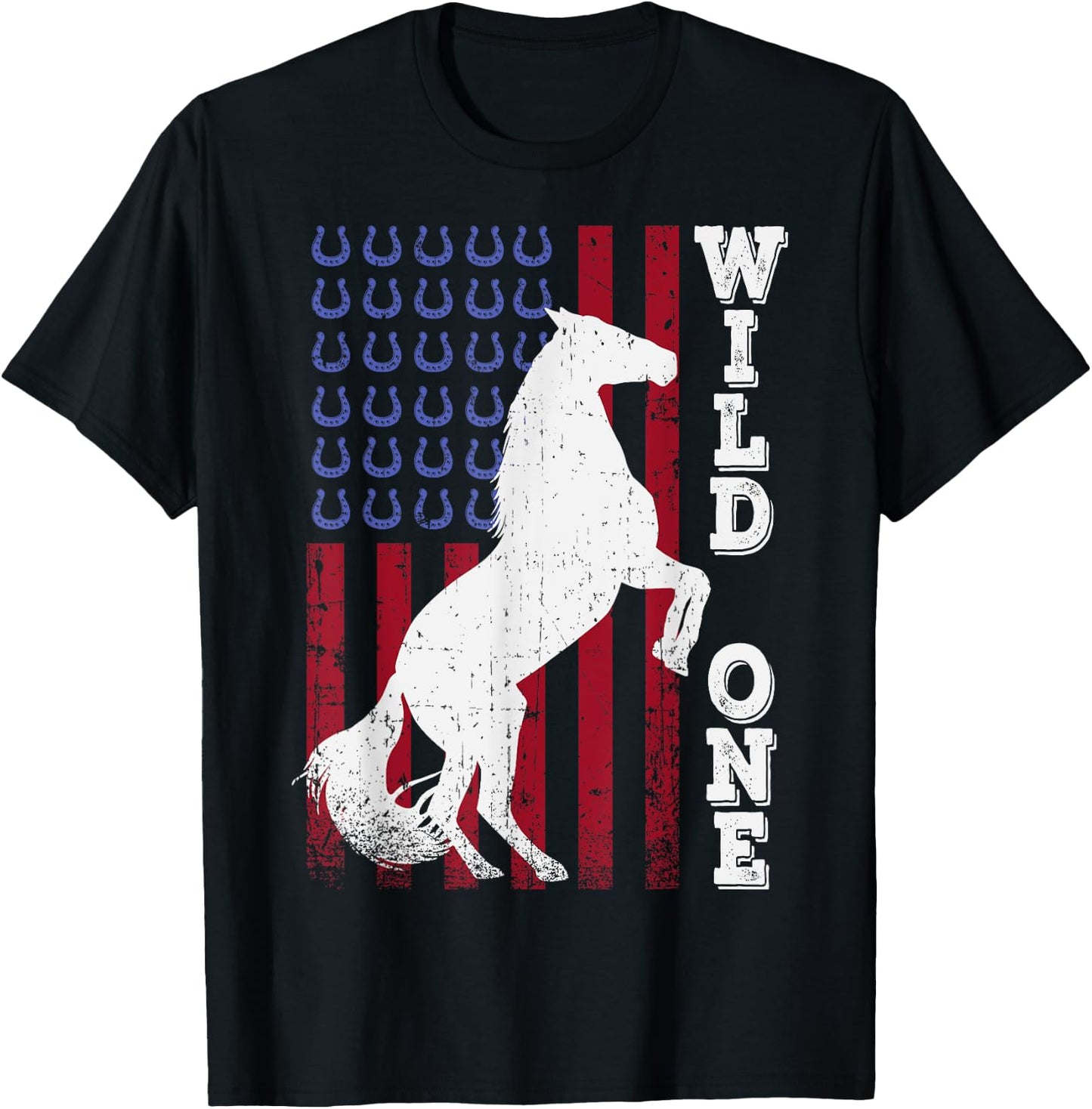Vintage Grunge American USA Flag Wild One Mustang Horse T-Shirt - T-Shirt | Black