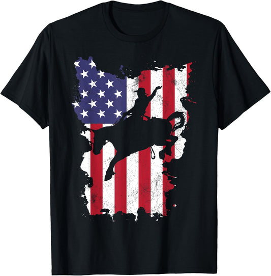 Vintage 4th Of July USA Flag Rodeo Cowboy Horse T-Shirt - T-Shirt | Black
