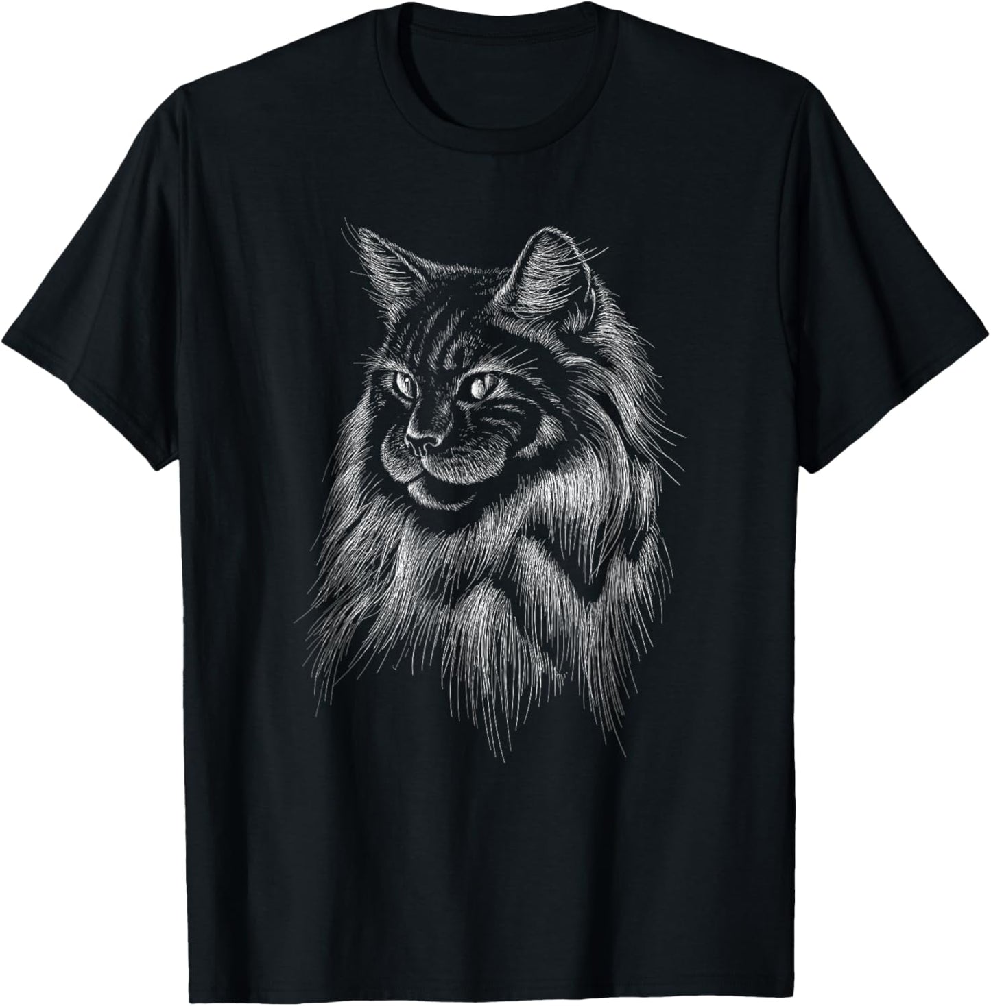 Artistic Domestic Long Haired Cat Cute Hand Drawn Animal Gif Men Women Kids T-Shirt - T-Shirt | Black