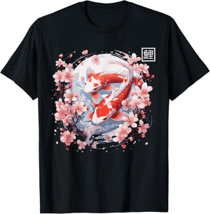 Koi Carp Fish Cherry Blossom Japanese Sakura Nishikigoi Fish T-Shirt - T-Shirt | Black