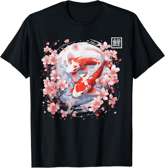 Koi Carp Fish Cherry Blossom Japanese Sakura Nishikigoi Fish T-Shirt - T-Shirt | Black