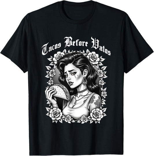 Tacos Before Vatos Sad Chola Latina Chicana Floral T-Shirt - T-Shirt | Black
