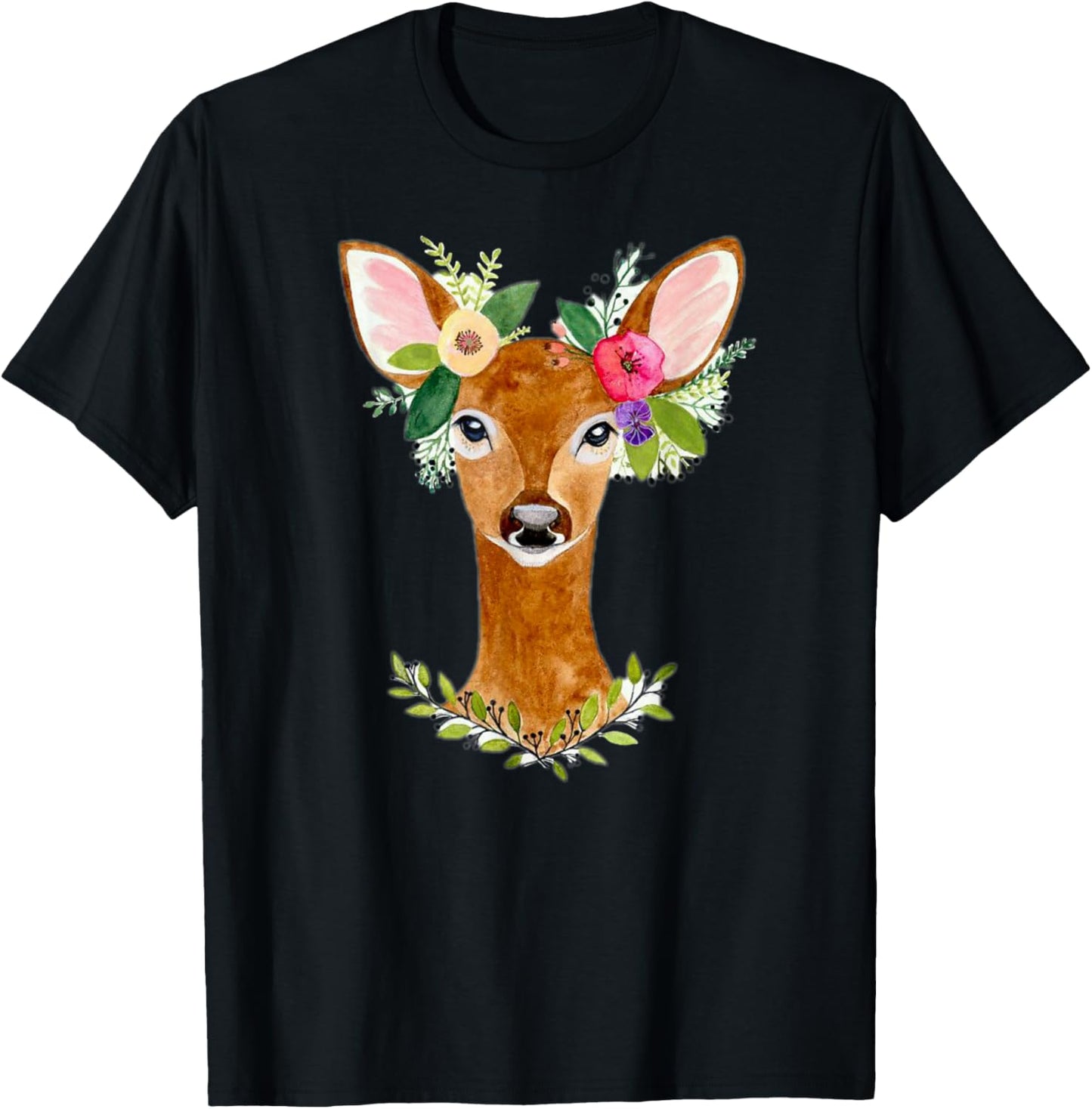 Charming Deer Bohemian Nature Art Floral Deer Artwork T-Shirt - T-Shirt | Black