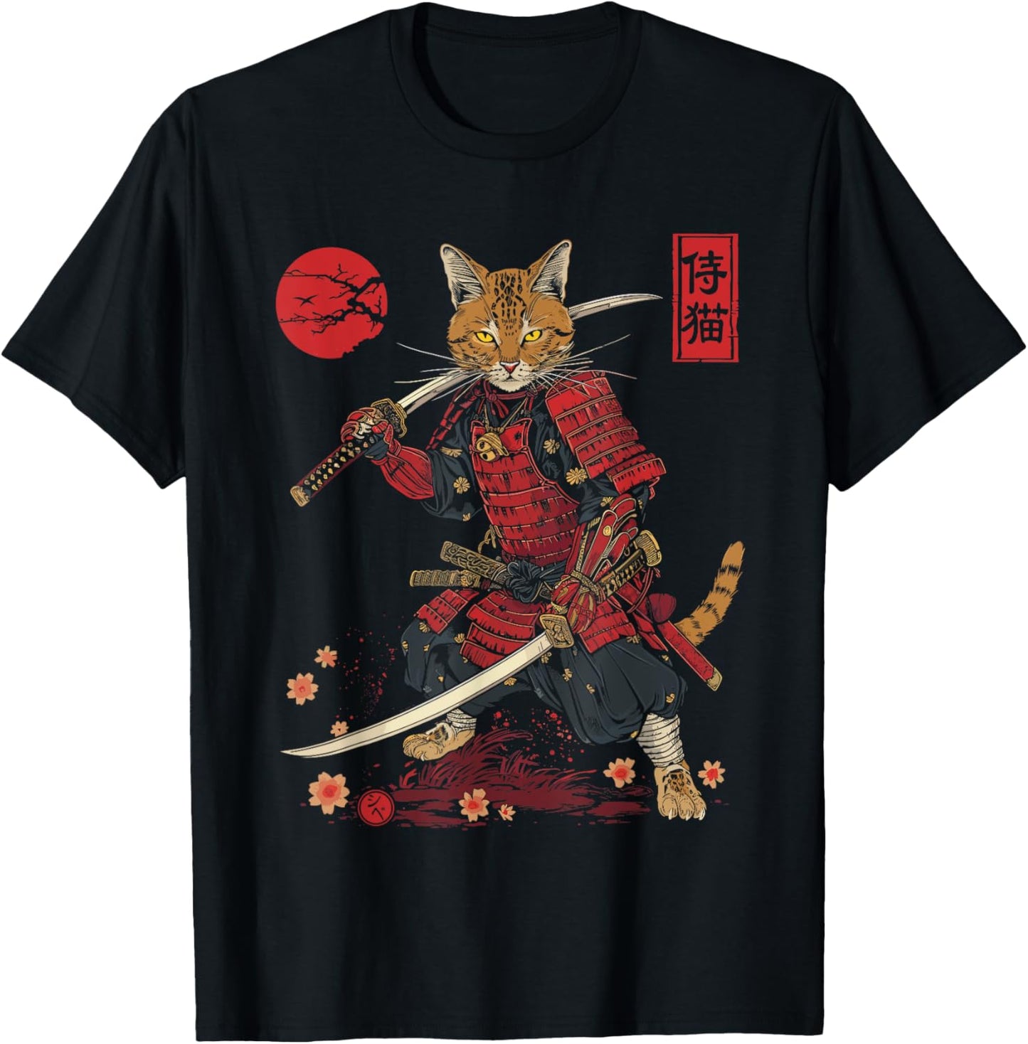 Samurai Cat, Japanese Cat Art Aesthetic, Cat Lover T-Shirt - T-Shirt | Black