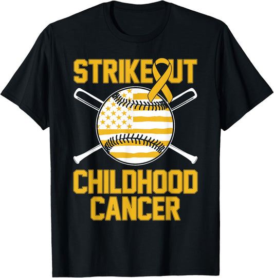 Strikeout Childhood Cancer Baseball American Flag T-Shirt - T-Shirt | Black
