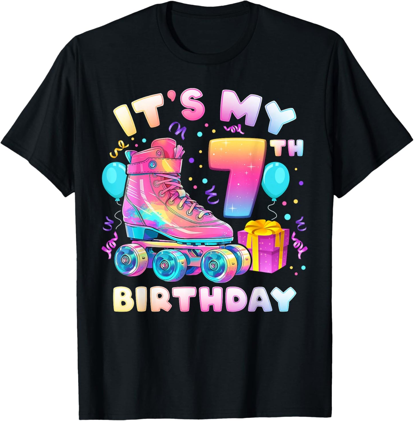 7th Birthday Girl 7 Years Roller Skates Number 7 T-Shirt - T-Shirt | Black