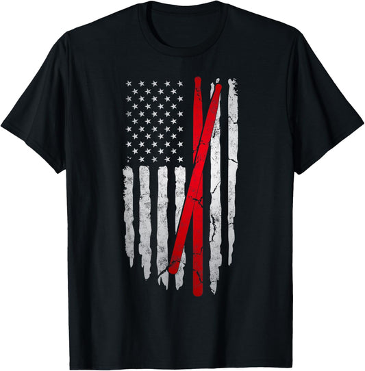 Distressed Drum Sticks American Flag For Patriotic Drummer T-Shirt - T-Shirt | Black