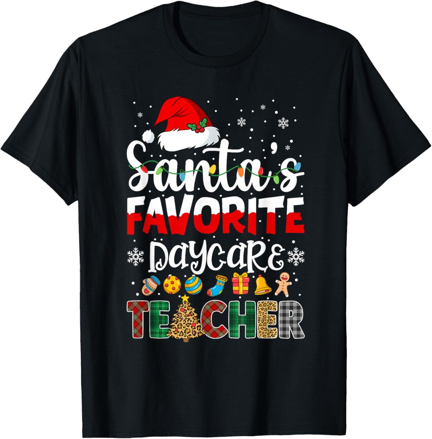 Santa's Favorite Daycare Teacher Buffalo Plaid Christmas T-Shirt - T-Shirt | Black