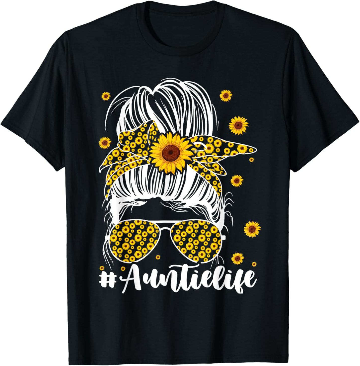 Mom Life Bleached Auntie Life Sunflower Messy Bun T-Shirt - T-Shirt | Black