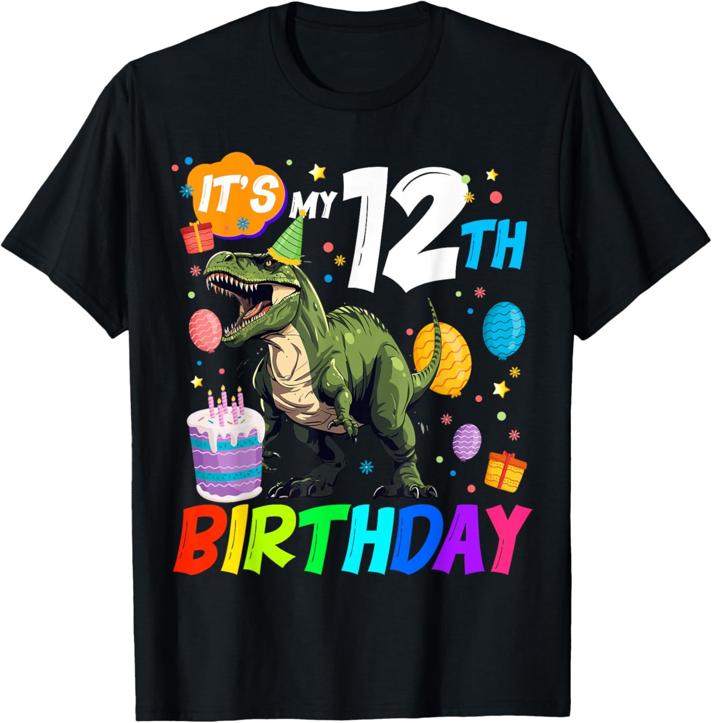 It's My 12th Birthday Dinosaur Rawr I'm 12 Year Old Cool T-Shirt - T-Shirt | Black