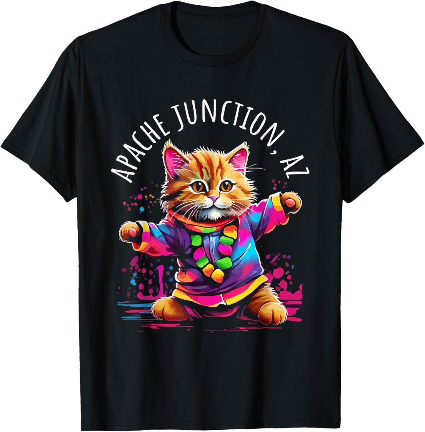 Apache Junction Arizona Dancing Kitty Cat Colorful Design T-Shirt - T-Shirt | Black